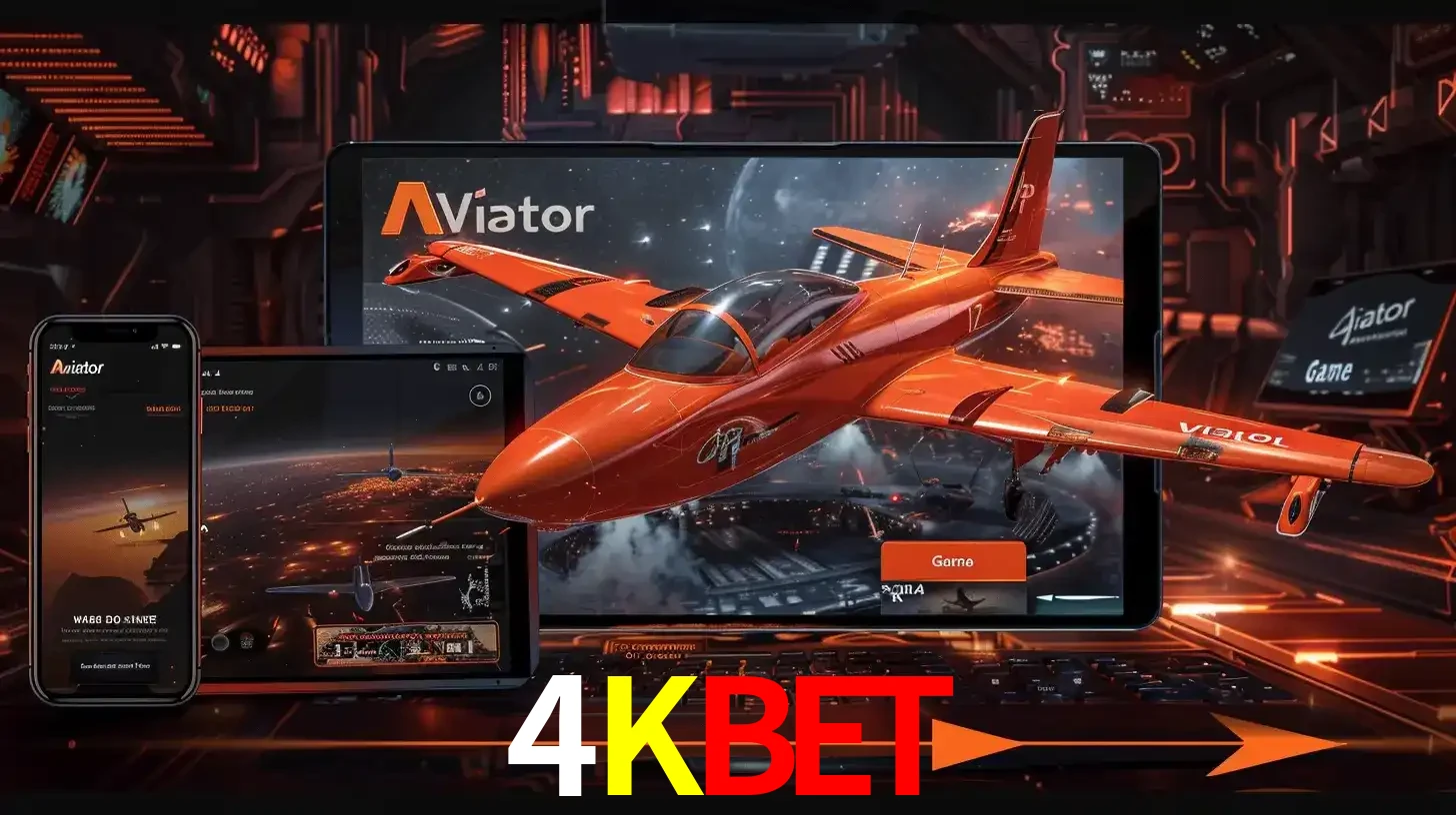 Apresentação tecnológica do jogo Aviator com um avião saindo da tela de um tablet, demonstrando a experiência imersiva em múltiplos dispositivos no 4KBET.