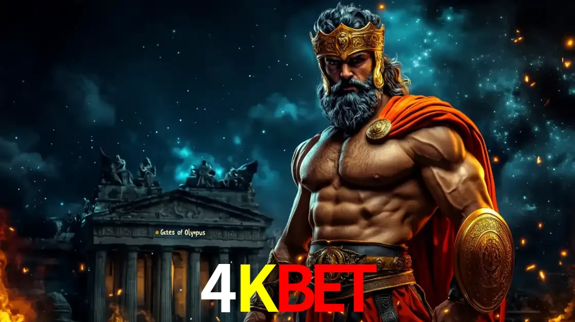 O poderoso Zeus do jogo de slot Gates of Olympus em frente ao seu templo, pronto para lançar multiplicadores divinos e prêmios épicos no cassino online 4KBET.