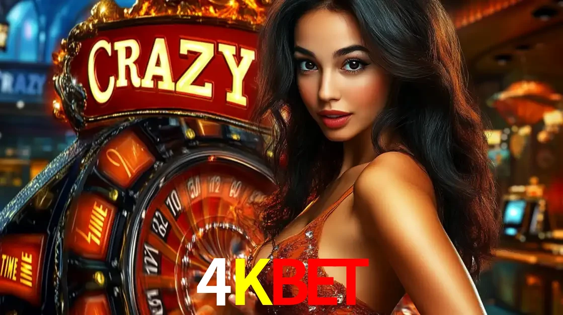 Mulher glamourosa olhando para a câmera com a roda vermelha do Crazy Time ao fundo em um ambiente de cassino, destacando a emoção dos jogos ao vivo no 4KBET.