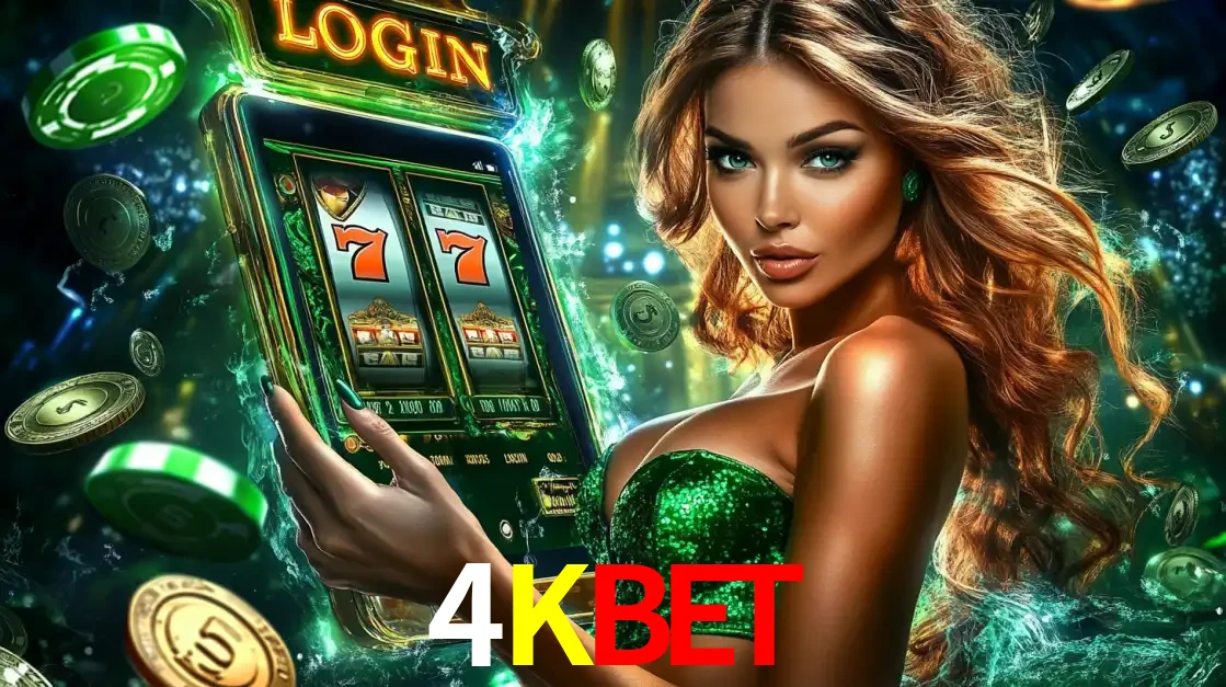 Mulher com tema verde apresentando o aplicativo do cassino 4KBET com um jogo de slot de 777, cercada por fichas de cassino e uma aura de sorte.
