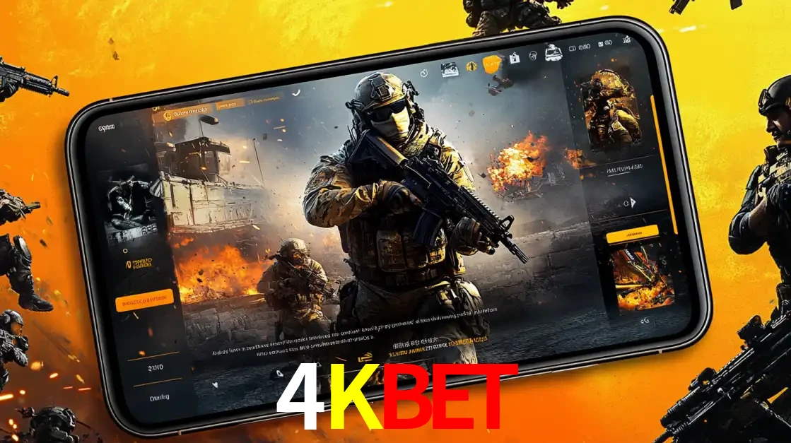 Um smartphone exibindo a interface de um jogo de tiro em primeira pessoa, com um soldado em um cenário de batalha, representando a ação dos e-sports para apostar no 4KBET.