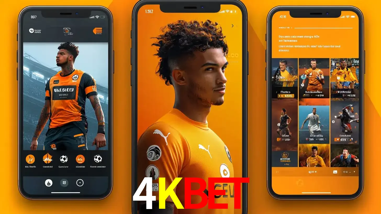 Interface do aplicativo de apostas esportivas 4KBET em três telas de celular, mostrando o perfil de um jogador de futebol e a lista de jogos disponíveis para apostar.