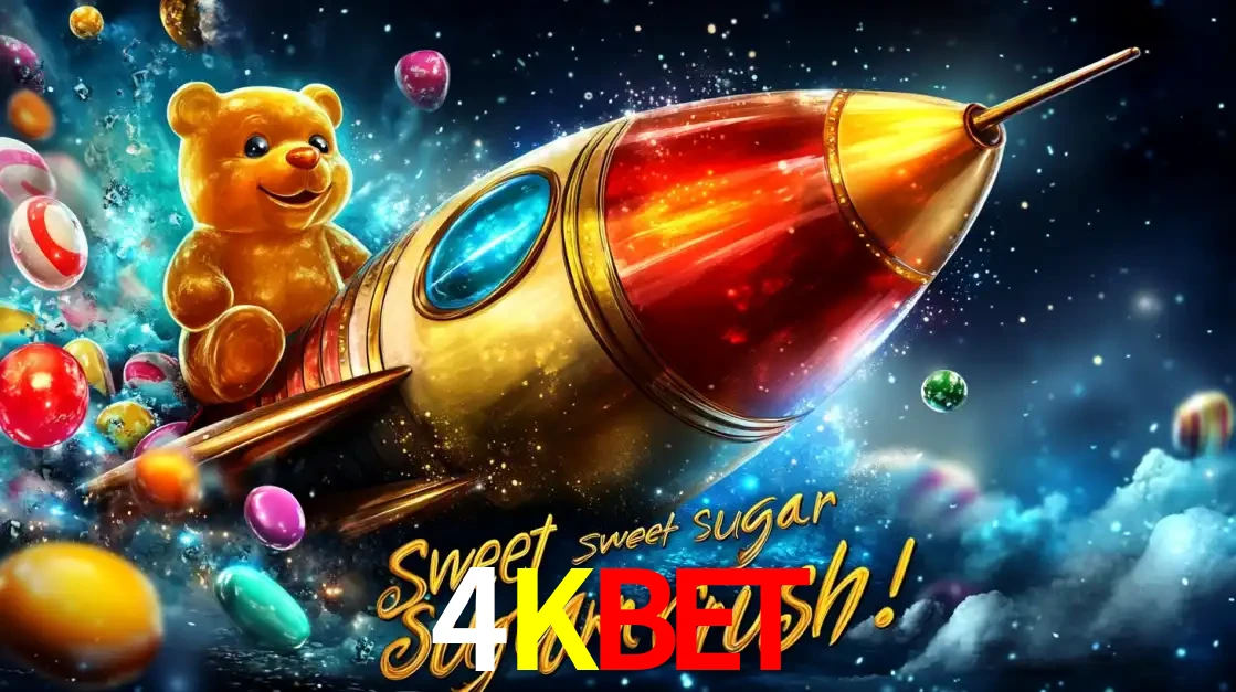 Arte promocional do jogo de slot Sugar Rush, com um urso de pelúcia em um foguete viajando pelo espaço de doces, um dos jogos divertidos disponíveis no cassino 4KBET.