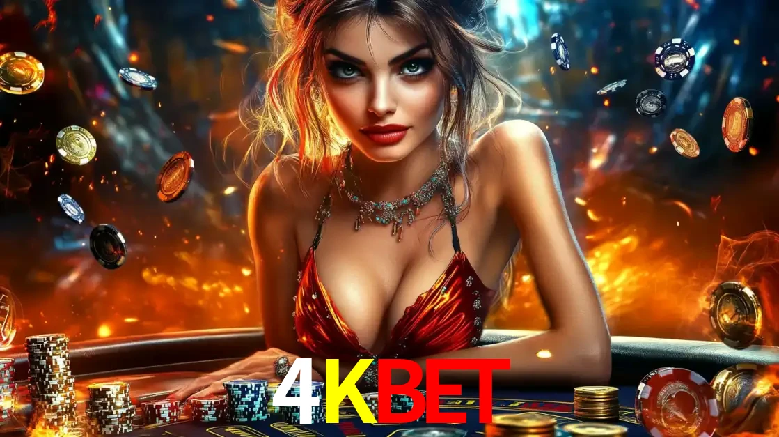 Mulher em uma mesa de cassino com pilhas de fichas e um fundo de fogo, pronta para uma rodada de altas apostas nos jogos de mesa emocionantes do cassino 4KBET.