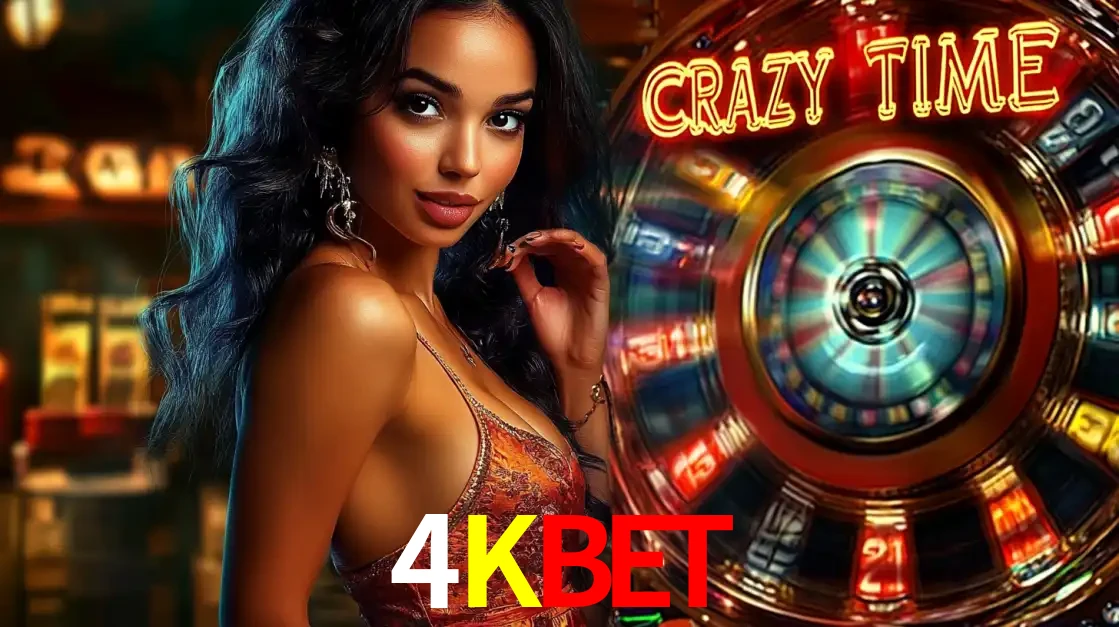 Mulher elegante ao lado da vibrante roda da fortuna do jogo de cassino ao vivo Crazy Time, um dos game shows mais populares e cheios de prêmios do 4KBET.