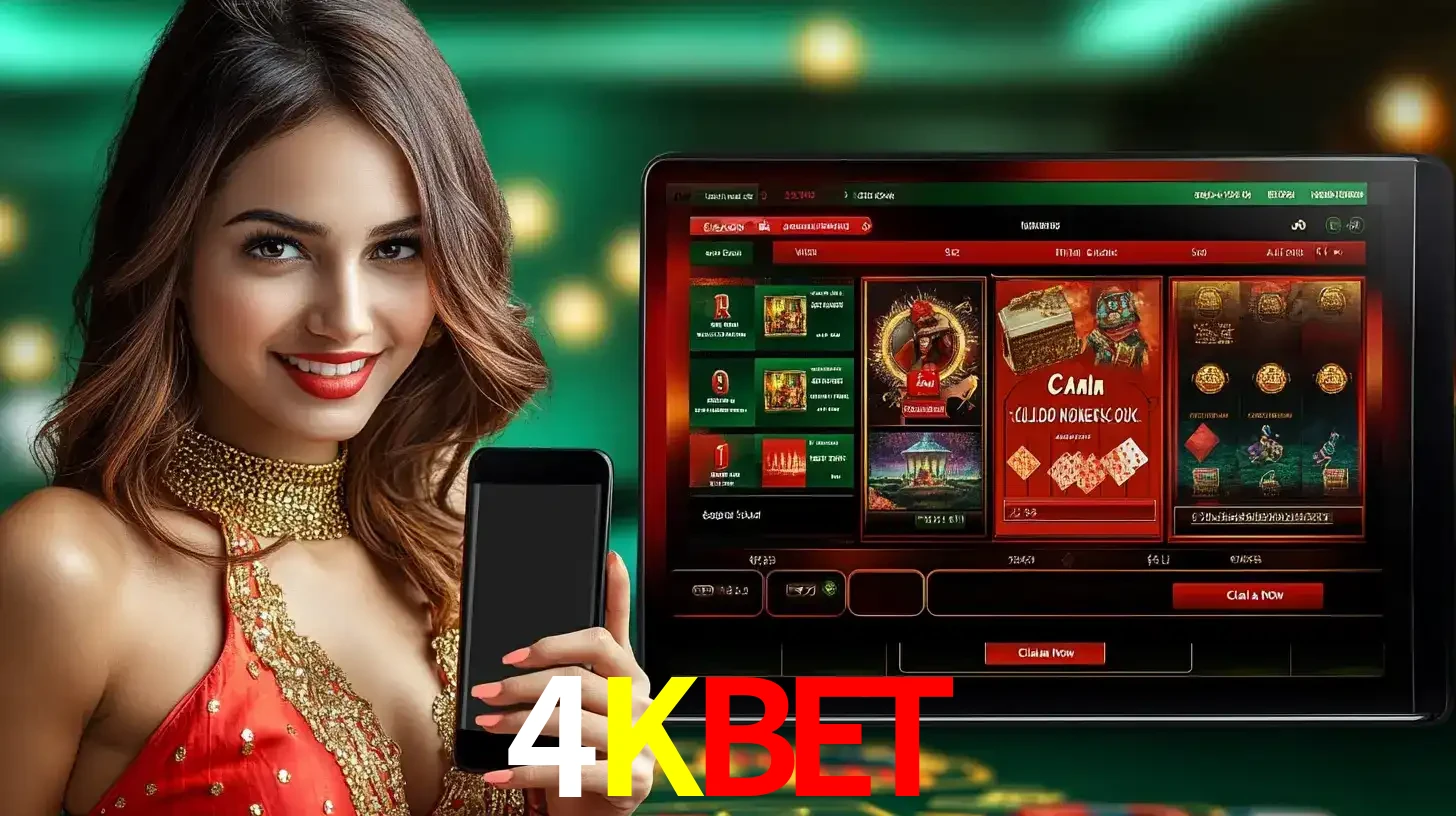 Mulher sorridente segurando um smartphone, ao lado de uma tela exibindo o lobby de jogos do cassino online 4KBET, com várias opções de jogos de cartas e slots.